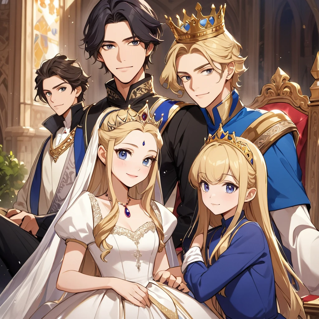 Family of kings, a teenage princess, a teenage prince, the king and the queen.