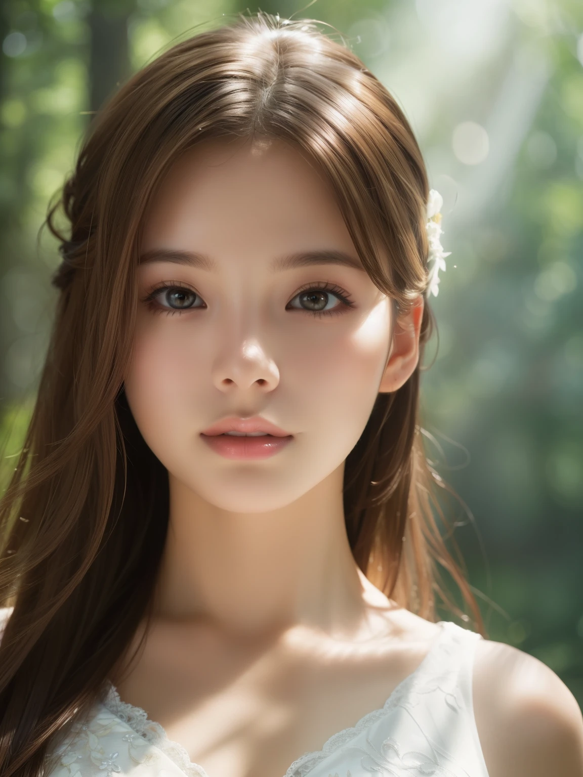 masterpiece, highest quality, High resolution, wallpaper, realistic, (bright lighting:1.4), professional lighting, face light, smooth lighting, (shoot from front:1.8), 1 girl, closeup-face, cute, sleepy, open mouth to say something, shy, Beautiful girl, sexy, super beautiful, beautiful skin, beautiful and detailed eyes、detailed face、slim、moderately, half updo, brunette colored hair, brown eyes, Professional Photography, Bokeh, Portrait, The morning sunlight shines through the misty forest path. white Summer Dresses,