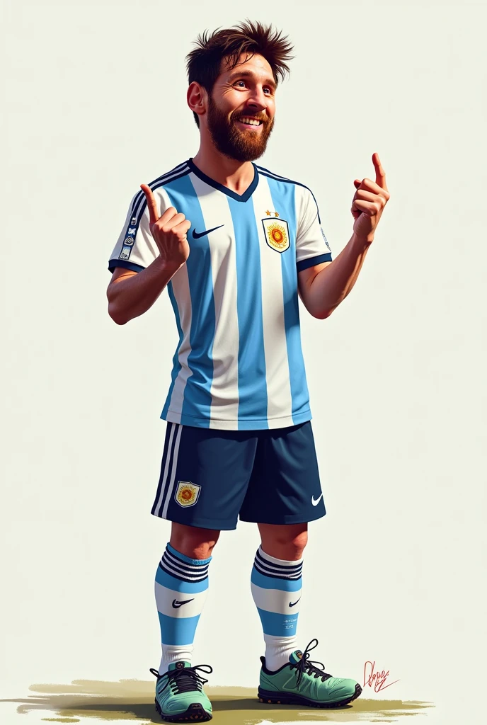 Messi standing at 90 degrees to the right making a gesture like they are wearing the Argentina shirt but smiling and to the other side and making the famous Will Smith gesture