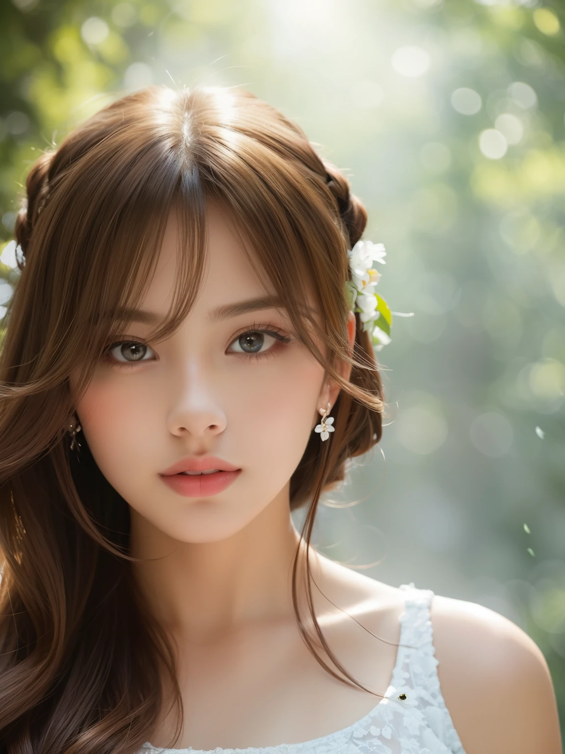 masterpiece, highest quality, High resolution, wallpaper, realistic, (bright lighting:1.4), professional lighting, face light, smooth lighting, (shoot from front:1.8), 1 girl, closeup-face, cute, sleepy, open mouth to say something, shy, Beautiful girl, sexy, super beautiful, beautiful skin, beautiful and detailed eyes、detailed face、slim、moderately, half updo, brunette colored hair, brown eyes, Professional Photography, Bokeh, Portrait, The morning sunlight shines through the misty forest path. white Summer Dresses,