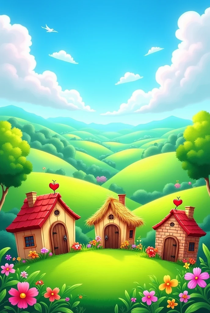 Prompt: “A vibrant, colorful landscape featuring rolling hills, a bright blue sky, and lush green fields. In the foreground, three small houses: one made of straw, one of sticks, and one of bricks, each with a whimsical design. The setting is cheerful and magical, with flowers blooming and birds flying in the sky.”

