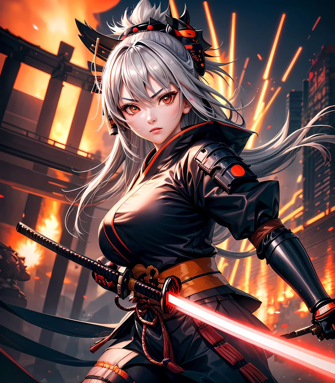 masterpiece, best quality, high detail, 1 girl, gray hair, orange eyes, (wearing a samurai mask:1.2), samurai outfit, holding glowing samurai sword, cyberpunk, city, night city, explosions in background, realistic