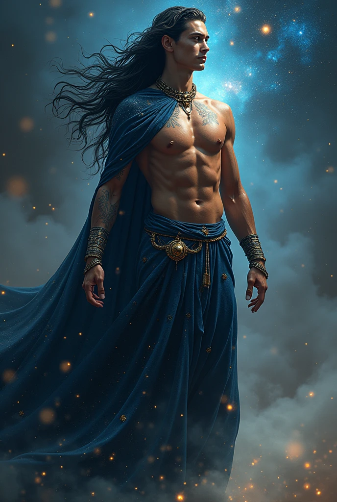 Young male deity, his presence is majestic and overwhelming, reflecting his power as Guardian of Stellar Time. In this way, his stature rises even higher, reaching an almost colossal height that seems to defy human understanding, as if it were part of the same firmament. Her skin glows with an ethereal glow, as if made from the essence of the stars themselves. Her black hair grows longer, flowing like a stream of liquid shadow that absorbs the light around it. This hair waves in the air, emulating the movement of the constellations, with small embedded stars that sparkle gently. His luminous orb eyes, with entire galaxies spinning in its depths. His face takes on an expression of unfathomable wisdom and serenity.. His clothing becomes a heavenly mantle, made of a fabric that appears to be composed of star dust and nebulae. This cloak floats around you, changing color with every movement, going from a deep cosmic blue to absolute black, dotted with stars. on his chest, a symbol of Capricorn, bright as a constellation In his right hand he holds the "Eternal Clock"