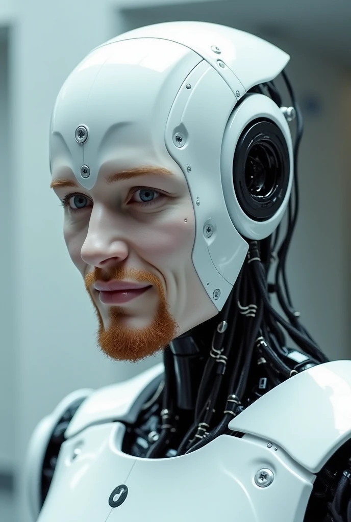 Technological white cyborg without a beard Looking at us and smiling 