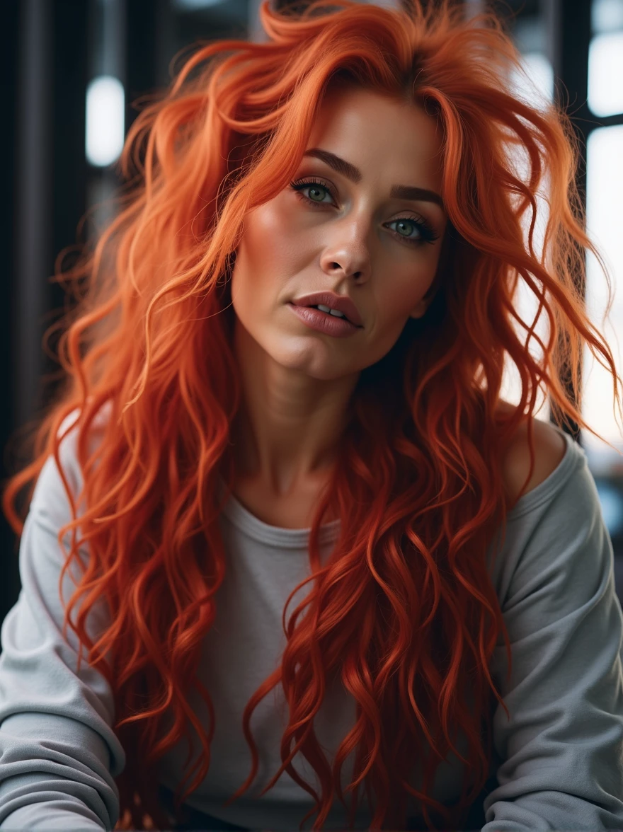 A voluptuous red-haired woman named Anne stands confidently in a luxurious bedroom, illuminated by soft, ambient lighting that highlights her curves. She has long, wavy, vibrant red hair cascading down her back, perfectly complementing her fair, smooth skin. Anne is dressed in elegant black lingerie that accentuates her full, voluptuous figure, including her ample bust and well-rounded hips.
In one pose, she stands with one hand on her hip, her other hand lightly touching her hair as she gazes seductively at the camera. Her black lingerie snugly fits her body, emphasizing her large, firm breasts and curvaceous hips. The cut of the lingerie also draws attention to her narrow waist, creating a striking hourglass silhouette. In another pose, Anne is sitting on the edge of a plush bed, her legs elegantly crossed at the ankles. This position highlights her voluptuous thighs and her perfectly rounded, full buttocks, while she leans slightly forward, subtly enhancing the cleavage created by her lingerie. Her green eyes exude a sultry, inviting look, adding to her sensual presence.
The setting is a luxurious bedroom with warm, intimate lighting, featuring silky sheets and plush pillows that enhance the overall sense of comfort and luxury. The scene captures Anne’s confidence and sensuality, making her the undeniable focal point.