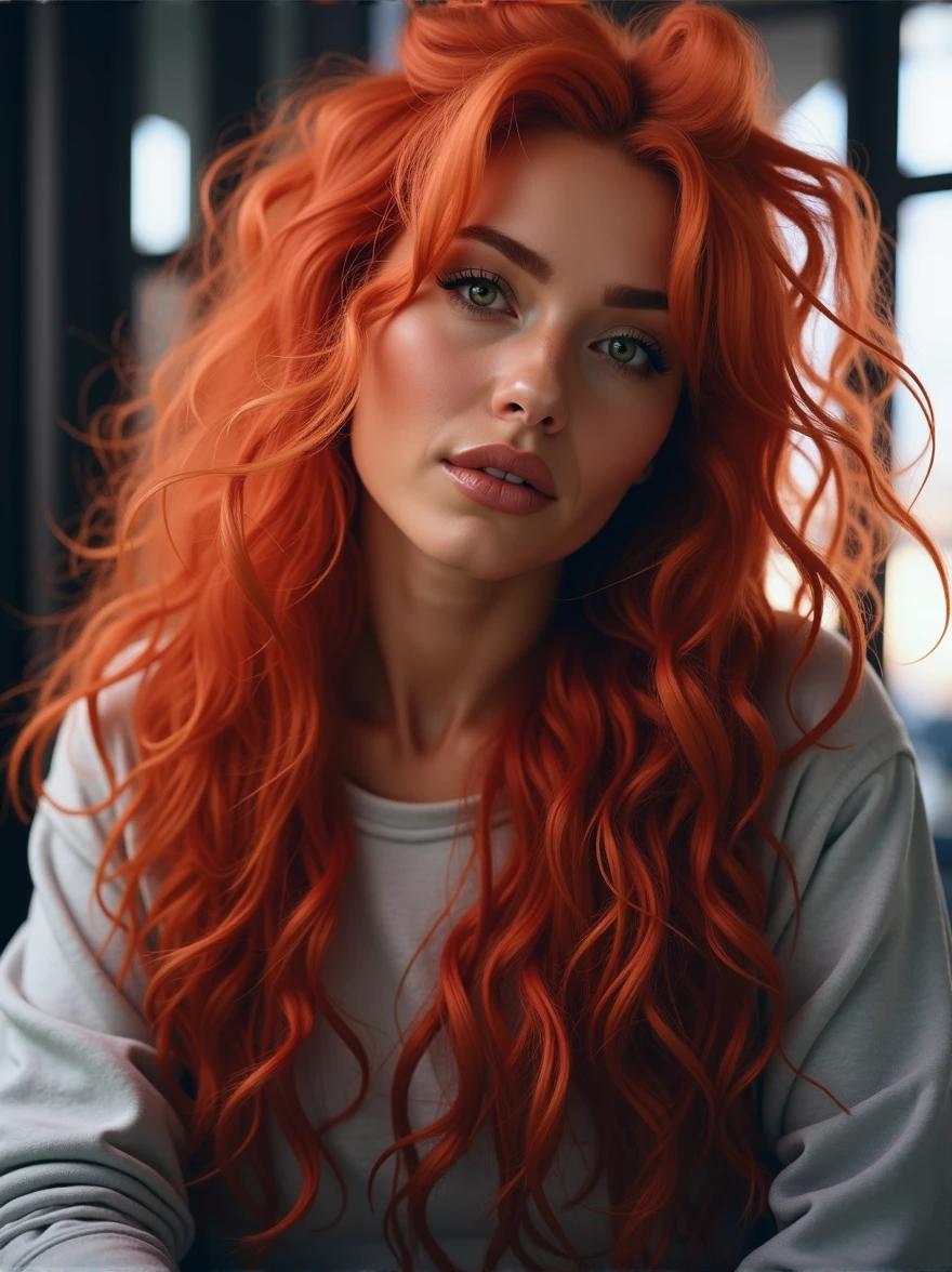 A voluptuous red-haired woman named Anne stands confidently in a luxurious bedroom, illuminated by soft, ambient lighting that highlights her curves. She has long, wavy, vibrant red hair cascading down her back, perfectly complementing her fair, smooth skin. Anne is dressed in elegant black lingerie that accentuates her full, voluptuous figure, including her ample bust and well-rounded hips.
In one pose, she stands with one hand on her hip, her other hand lightly touching her hair as she gazes seductively at the camera. Her black lingerie snugly fits her body, emphasizing her large, firm breasts and curvaceous hips. The cut of the lingerie also draws attention to her narrow waist, creating a striking hourglass silhouette. In another pose, Anne is sitting on the edge of a plush bed, her legs elegantly crossed at the ankles. This position highlights her voluptuous thighs and her perfectly rounded, full buttocks, while she leans slightly forward, subtly enhancing the cleavage created by her lingerie. Her green eyes exude a sultry, inviting look, adding to her sensual presence.
The setting is a luxurious bedroom with warm, intimate lighting, featuring silky sheets and plush pillows that enhance the overall sense of comfort and luxury. The scene captures Anne’s confidence and sensuality, making her the undeniable focal point.