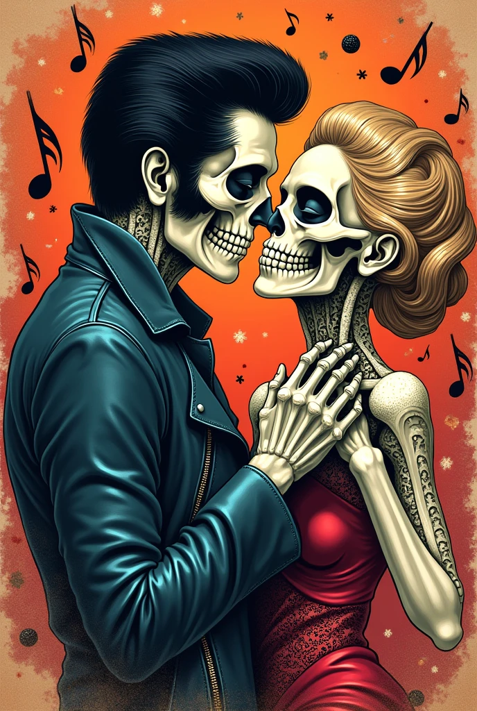 A vibrant and fun t-shirt print, depicting a skull stylized as Elvis Presley, with iconic pompadour and leather jacket, affectionately holding the hand of a female skull inspired by Scarlett Johansson. The female skull displays a glamorous hairstyle and an elegant dress, both full of details and touches of shine. They surround themselves with a warm, vintage-colored background, with musical elements like notes and microphones surrounding them, evoking a sense of rock 'n' roll romance with a hint of humor and nostalgia.
