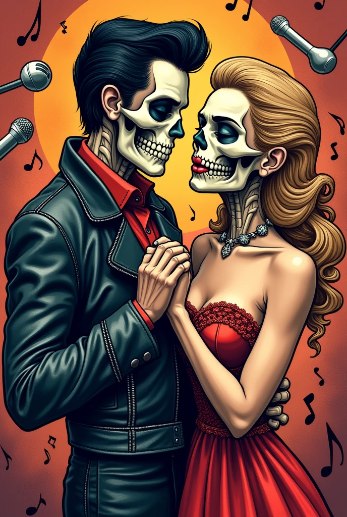A vibrant and fun t-shirt print, depicting a skull stylized as Elvis Presley, with iconic pompadour and leather jacket, affectionately holding the hand of a female skull inspired by Scarlett Johansson. The female skull displays a glamorous hairstyle and an elegant dress, both full of details and touches of shine. They surround themselves with a warm, vintage-colored background, with musical elements like notes and microphones surrounding them, evoking a sense of rock 'n' roll romance with a hint of humor and nostalgia.