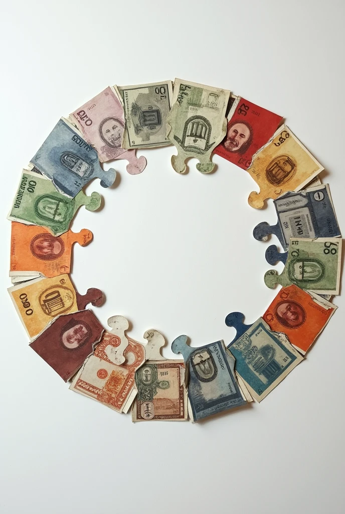 Example of a circle on a sheet of paper where inside the circle there are images that appear to be glued together that represent money, love, A house, family, I respect, gentle.