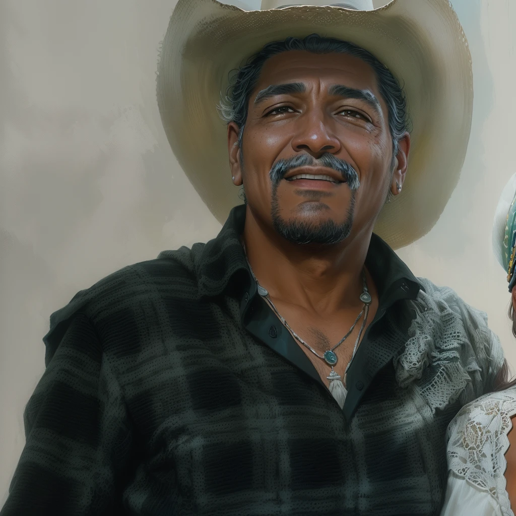 there is a man and a woman together wearing hats, inspired by Rodolfo Morales, Arte em primeiro plano : eloy morales, eloy morales, inspired by Dave Arredondo, mexican person, Tony Sandoval. 8k realistic, luis nieves sr., james zapata, mexican person vaquero, juan diaz channels, detailed portrayal, cowboy portrait