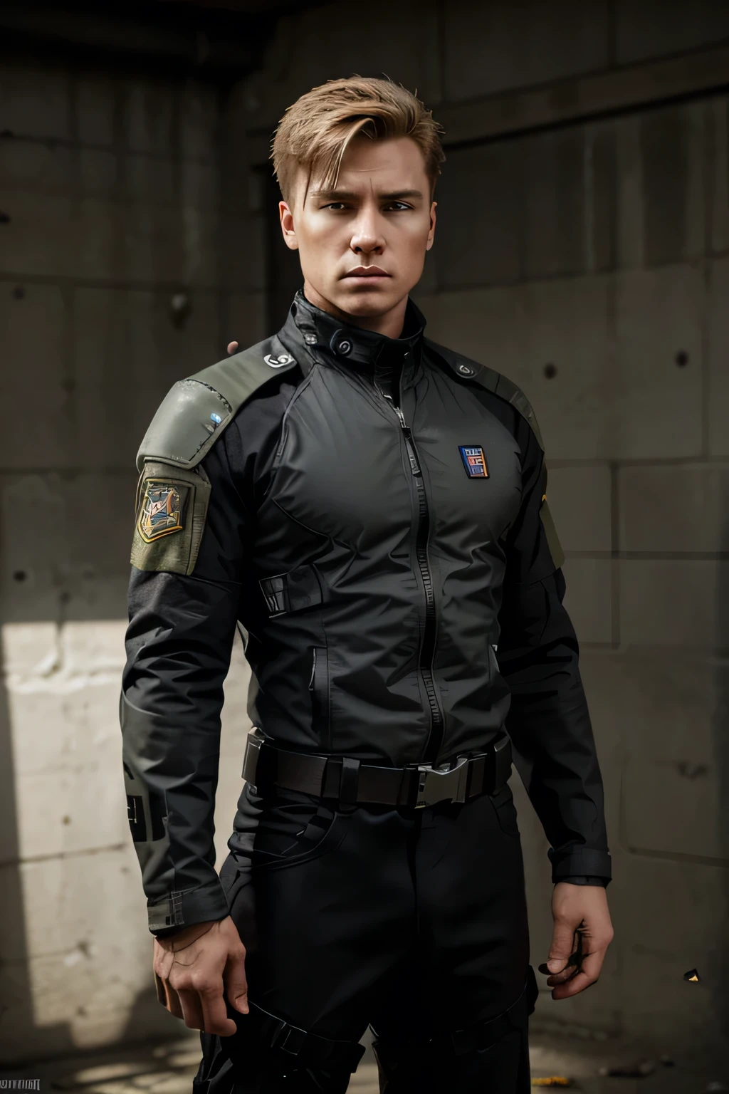 Aiden Pryde is one of the iconic characters in the BattleTech universe.. Has an average athletic build. He has short blond hair.. The face is stern and sharp, with clearly defined features, which emphasize his determined and stern character. The eyes are bright and expressive, gray. There are several scars on the face, obtained in numerous battles. Basic suit made of high-strength, lightweight material, providing freedom of movement and protection, includes dark shades, such as black, dark gray or olive. body armor: comfortable and form-fitting, with multiple pockets and attachments for ammunition or tools, The jacket has patches with the clan's emblem and symbols., as well as individual insignia of the warrior. Trousers are straight or slightly tapered, so as not to interfere with traffic, have additional pads or pockets for storing personal items or ammunition. Wearing sturdy military boots, providing protection and stability on any terrain, have a reinforced toe and heel for additional protection. On the chest, The shoulders and legs are equipped with armor elements - light plates, providing additional protection against bullets and shrapnel. Standing on the field near the BattleTech mech.