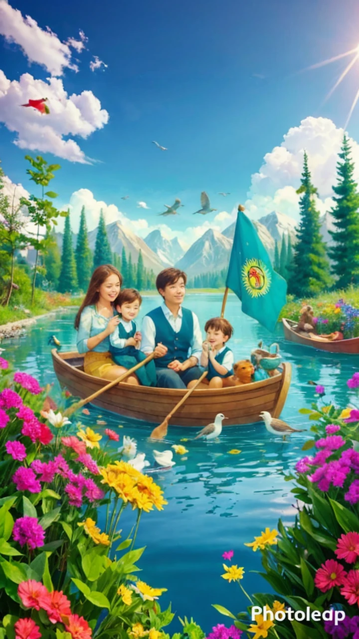 Happy family birds singing , trees here and there cloud