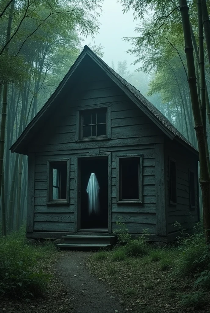 abandoned cabin,haunted by a ghost. with bamboo plantation at the back of the house. And a single ghost looking out, in one of the windows.