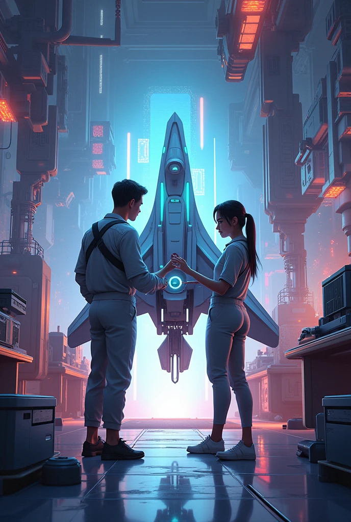 Two people building a spaceship that is animated