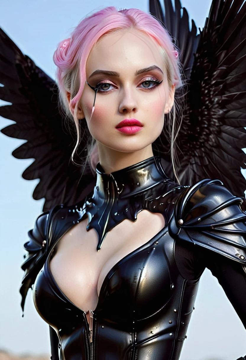 Hyperphotorealistic image, perfect picture, Goddess Gothic Angle, perfect face, high cheekbones, thin curved eyebrows, long, lush eyelashes, Think about eyeliner, eyeshadows, Make-up in natural tone, pink cheekbone makeup, pale skin, lipstick, beautiful facial features, think of curved lips, dripping ( Liquid English Gothic Armor), perky little breast, Slender waist, Hips, tight ass, light thighs, High Heels, large angle wings