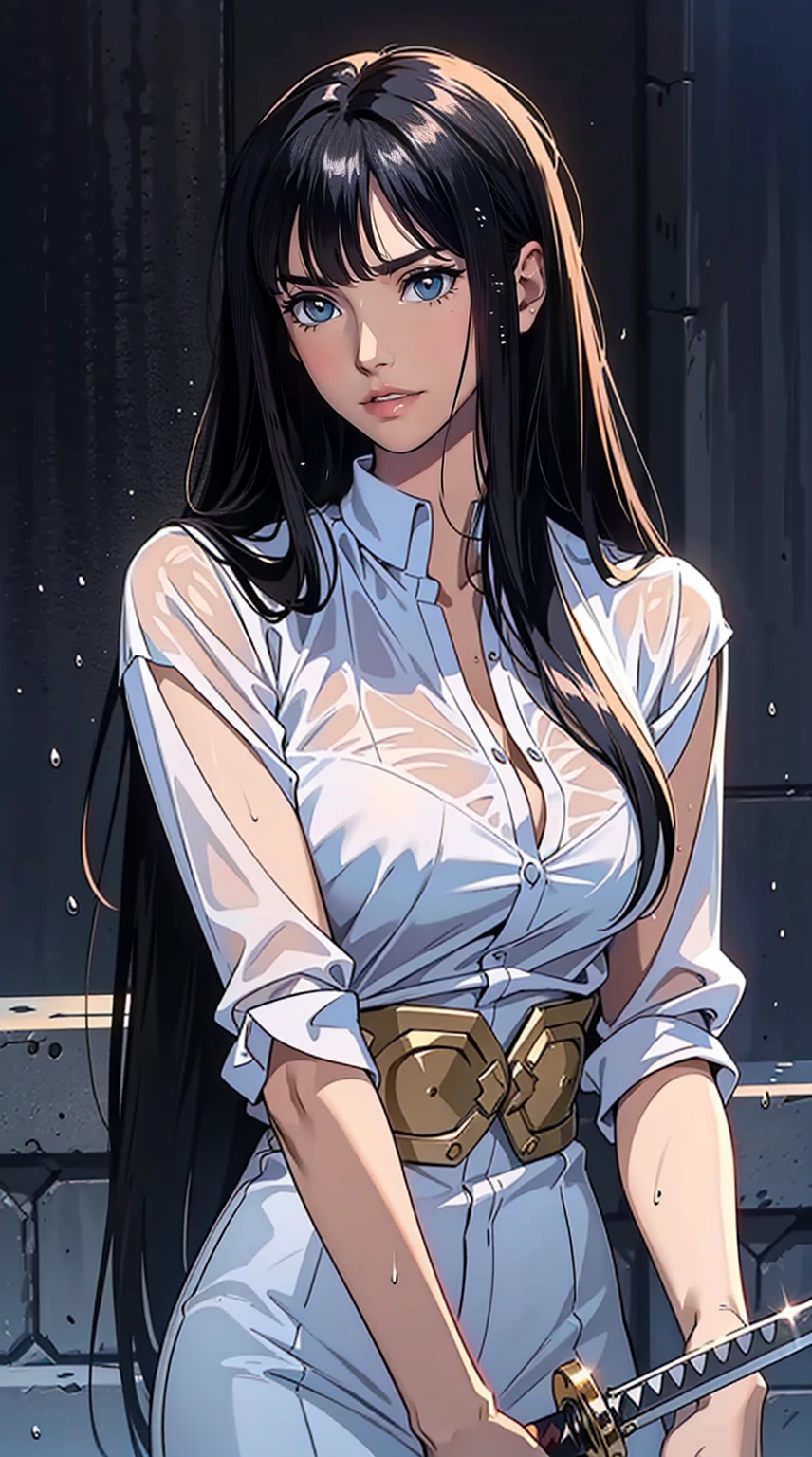  (best quality: 1.2), clean face, (masterpiece: 1.2, 8k) perfect anatomy, 1girl,a beautiful fashion model ,(masterpiece, official art, best quality ,long and shiny hair,, ，Bigchest，Revealing Outfit， Wet straight hair， Sweating profusely，best qualtiy，ultra - detailed，facing at camera，A high resolution，ultra - detailed），Very long hair，Combat posture，Sword in one hand, blunt bangs