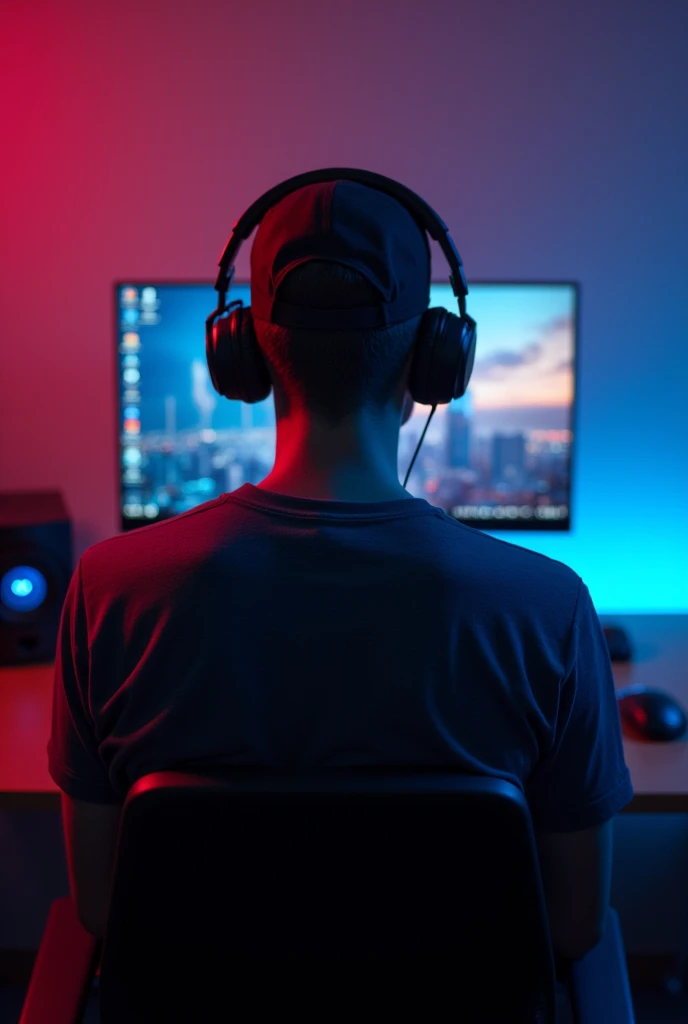 gamer man wearing cap with back to computer