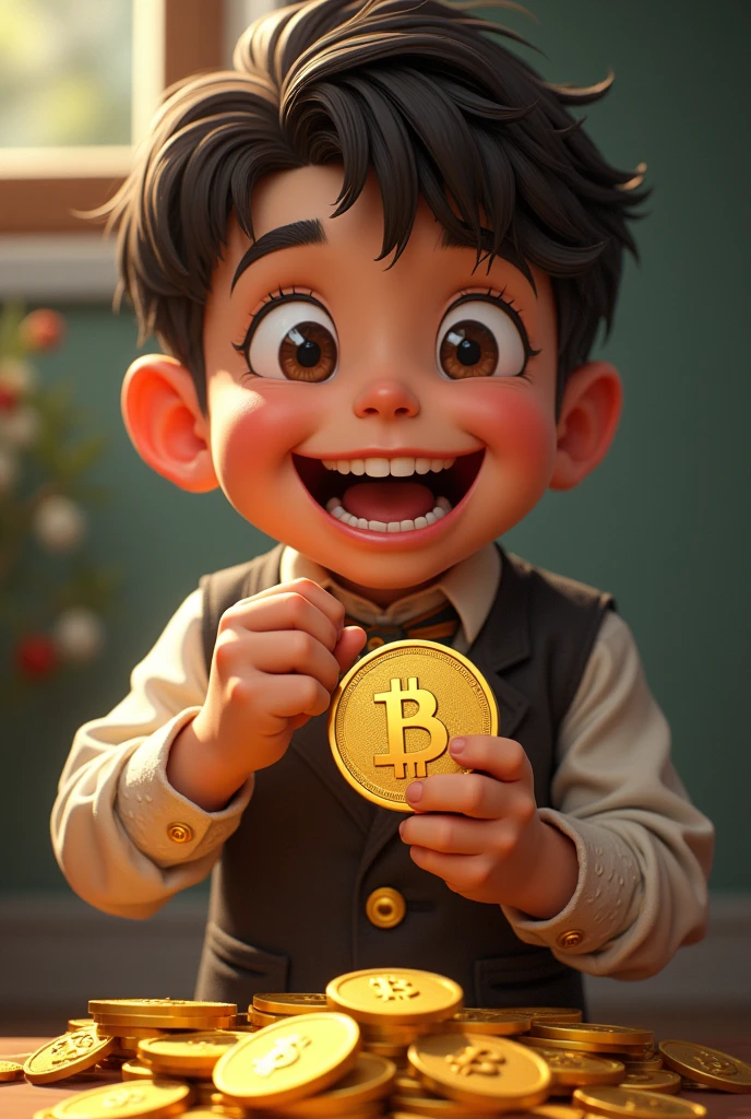 Young Rich boy with money and biting gold coin with big smile big teeth