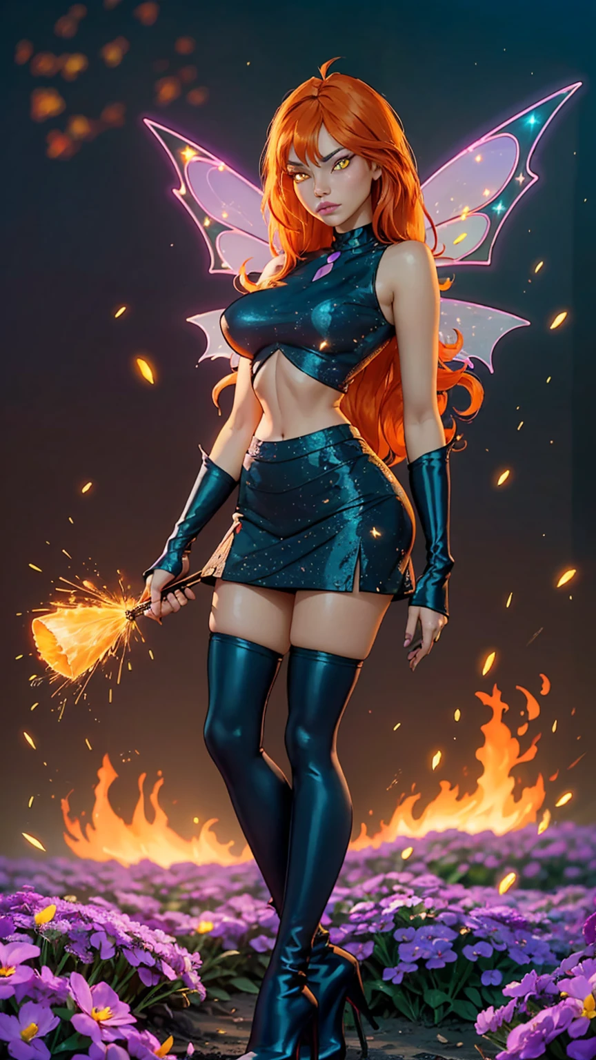 (ultra realistic,32k, masterpiece:1.2),(high detailed skin:1.1),( high quality:1.1),
Dark Bloom,rolling eyes, orange hair, very long hair, yellow eyes, boots, black skirt, gloves, black shirt, wings, sparkling clothing, thighhighs, flower field,(fire flowers:1.1), flowers,sunshine, pollen, pollen particles, blurry background,, (huge breast,large breast:1.1),(looking at viewer, standing,:1.1),(soft shaded neon light:1.1),