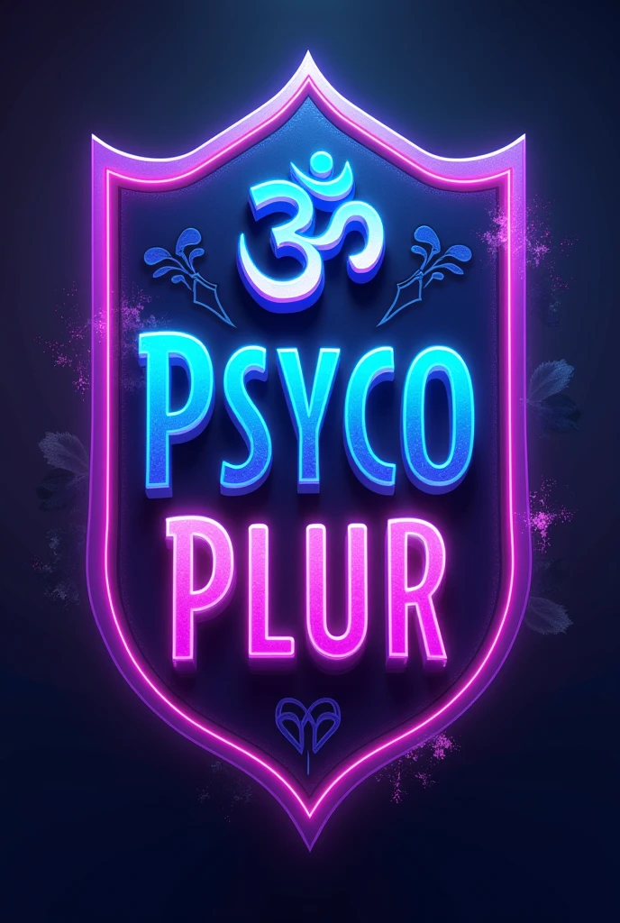 E-sports team shield from moba style game, with the name "Psyco Plur" written in neon blue and purple in the foreground with the psytrance culture letter theme, in the background with the Ohm symbol of Hinduism.