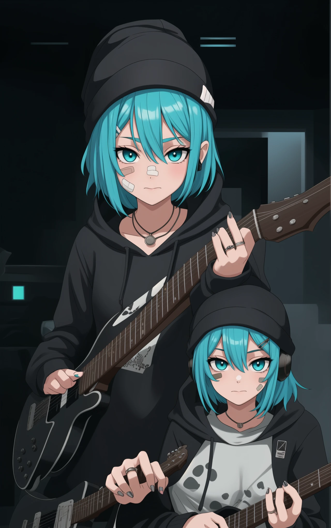 detailed_background,indoors,aqua_hair,holding_phone,hairclip,hair_between_eyes,guitar,beanie,straight-on,looking_at_viewer,eyes_visible_through_hair,electric_guitar,closed_mouth,effects_pedal,headphones,upper_body,hat,hoodie,instrument,solo,aqua_eyes,sticker,hood_down,phone,parental_advisory,nail_polish,smartphone,cellphone,jewelry,1girl,white_headwear,bandaid_on_nose,patch,bandaid_on_face,short_hair,original,bandaid,highres,sidelocks,holding,grey_hoodie,circuit_board,long_sleeves,aqua_nails,necklace,standing,print_hoodie,ring,hair_ornament,yorugata_mao,hood,bandaid_on_cheek