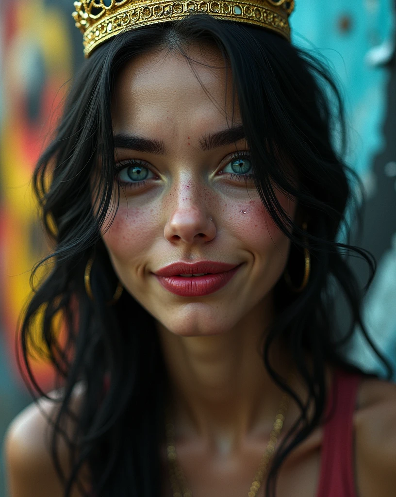 fujifilm cinematic photo of cinematic photo Jean-Michel Basquiat style (by Jean Michel Basquiat, a girl (Rachel Cook Model, detailed skin. sadistic smile)), cinematic lighting, 8k, epic scene, hyper realistic, focused, high details, unreal engine 5, cinematic, Controversial composition, Chaotic composition, volumetric lighting, HDR,by antonio j. manzanedo, style of mohrbacher, amano, satoshi kon, brian sum ,exposure blend, bokeh, cinematic look, rim light, soothing tones, hyperdetailed, low contrast, soft cinematic light, dim colors, faded, fujifilm, hyperrealism, sharp . Neo-expressionist, graffiti, crown, vibrant, "Photorealism, DOF, (She cries with joy, tears from her eyes) . 35mm photograph, film, bokeh, professional, 4k, highly detailed, 35mm photograph, film, bokeh, professional, 4k, highly detailed , perfect eye, blu eye