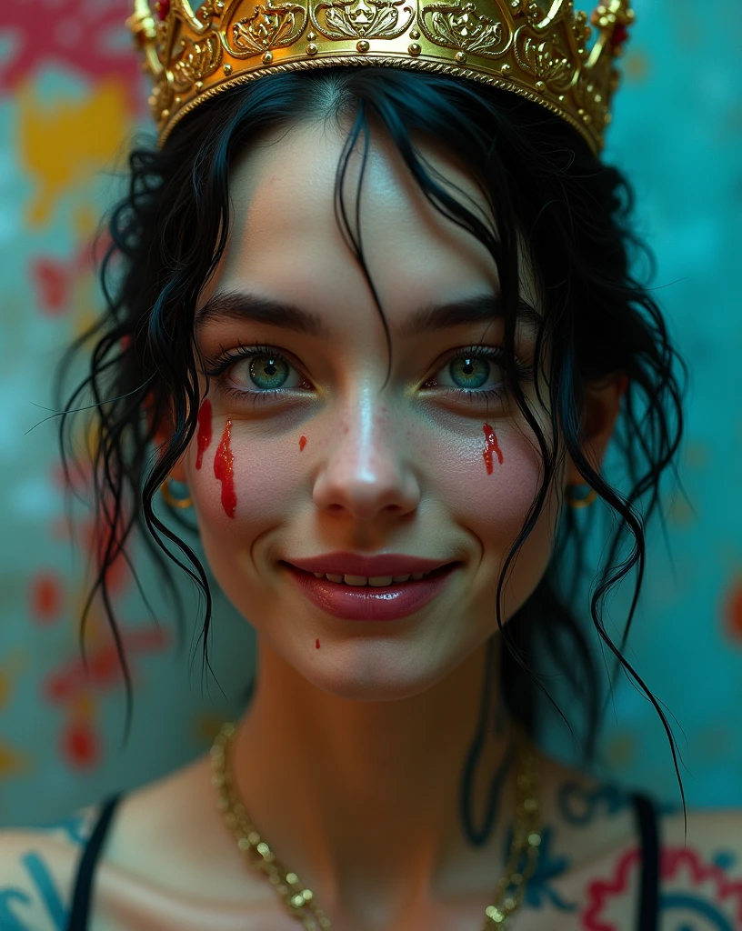 fujifilm cinematic photo of cinematic photo Jean-Michel Basquiat style (by Jean Michel Basquiat, a girl (Rachel Cook Model, detailed skin. sadistic smile)), cinematic lighting, 8k, epic scene, hyper realistic, focused, high details, unreal engine 5, cinematic, Controversial composition, Chaotic composition, volumetric lighting, HDR,by antonio j. manzanedo, style of mohrbacher, amano, satoshi kon, brian sum ,exposure blend, bokeh, cinematic look, rim light, soothing tones, hyperdetailed, low contrast, soft cinematic light, dim colors, faded, fujifilm, hyperrealism, sharp . Neo-expressionist, graffiti, crown, vibrant, "Photorealism, DOF, (She cries with joy, tears from her eyes) . 35mm photograph, film, bokeh, professional, 4k, highly detailed, 35mm photograph, film, bokeh, professional, 4k, highly detailed , perfect eye, blu eye