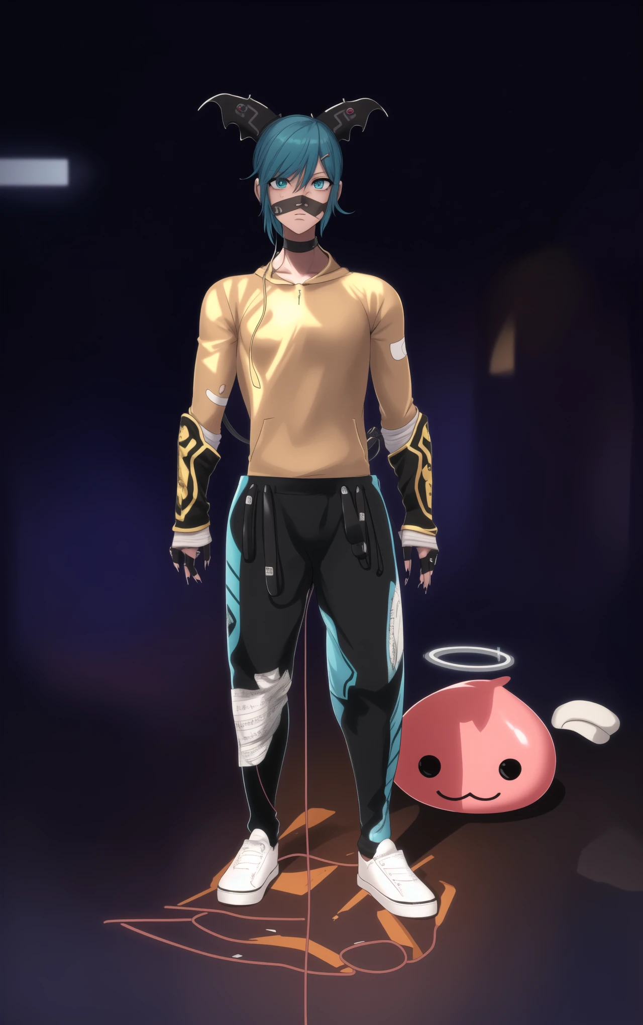 detailed_background,indoors,aqua_hair,holding_phone,hairclip,hair_between_eyes,guitar,beanie,straight-on,looking_at_viewer,eyes_visible_through_hair,electric_guitar,closed_mouth,effects_pedal,headphones,upper_body,hat,hoodie,instrument,solo,aqua_eyes,sticker,hood_down,phone,parental_advisory,nail_polish,smartphone,cellphone,jewelry,1girl,white_headwear,bandaid_on_nose,patch,bandaid_on_face,short_hair,original,bandaid,highres,sidelocks,holding,grey_hoodie,circuit_board,long_sleeves,aqua_nails,necklace,standing,print_hoodie,ring,hair_ornament,yorugata_mao,hood,bandaid_on_cheek