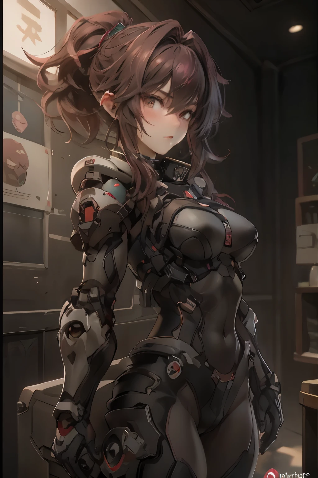 ((best quality)), ((Masterpiece)), (details:1.4), 3d, HDR (high dynamic range), mature woman, เหมือนจริง, Hight ponytails, red hair, White eyes, จมูกโด่ง, ปากแดง PBR surface, After processing, Anisotropic filtration,depth of field, Maximum clarity and clarity, multi-layered surface, Subsurface scattering, perfect proportions, 8K raw files, ความละเอียดสุดยอด, รายละเอียดดวงตา, crusader, Heavy Black armor, Fierce, กอดอก