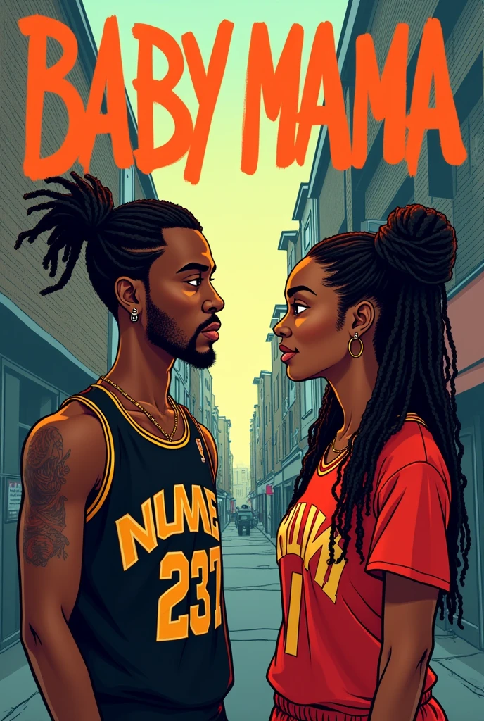 Génére moi une cover de single
Nom d'artiste : L2K
Titre de la chanson : BABY MAMA
Je veux unee représentation de moi avec un style boondocks avec des tresses avec un maillot du cameroun noir floqué L2K numéro 237 parlant avec une fille métisse