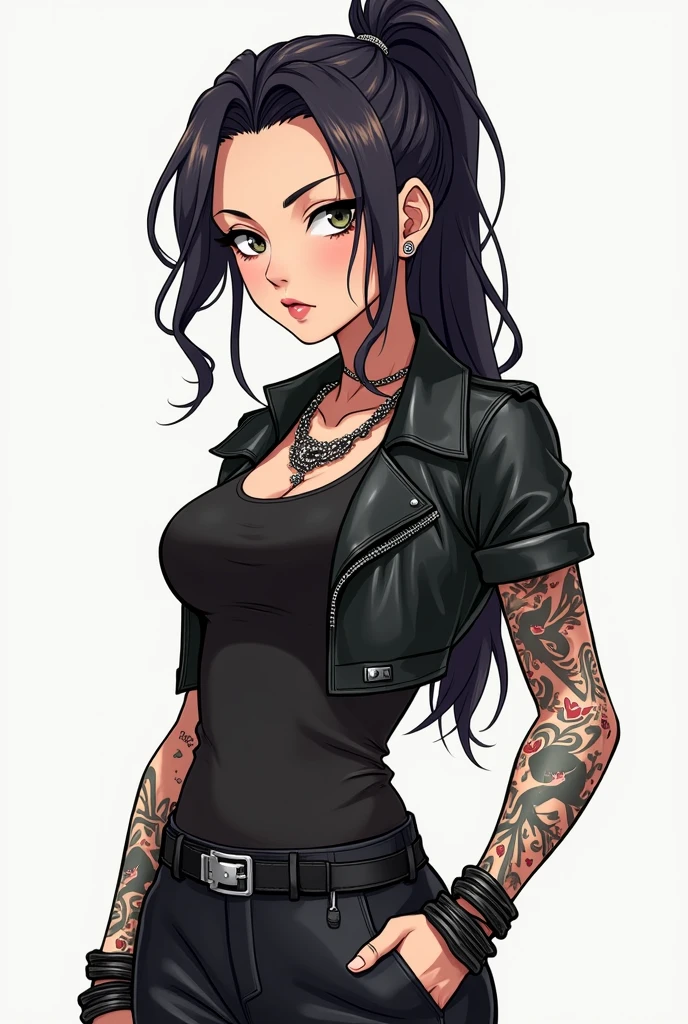 Anime version drawing of the gang leader, she is a woman of average height and athletic body., with a dominant and agile posture. Their hair is long and dark, often tied up in a messy bun. Your eyes are piercing, with a calculating and confident look. She uses an urban and modern style, with leather clothes, fitted shirts and sturdy boots. Your tattoos are prominent, especially on your arms and neck, highlighting your status and fearless personality. Your look is completed by a striking accessory., like a chain necklace or large rings.