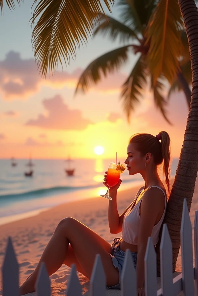 A young woman drinking a cocktail at sunset on a tropical beach. Behind her, there's a white picket fence, tall palm trees with lush green fronds, and a serene sandy beach. The sun is setting, casting a warm, amber glow over the scene, with the sky a gradient of soft orange and pink hues. The calm sea reflects these colors. Scattered beach chairs and umbrellas are visible near the shoreline, enhancing the relaxed, tropical ambiance, realistic