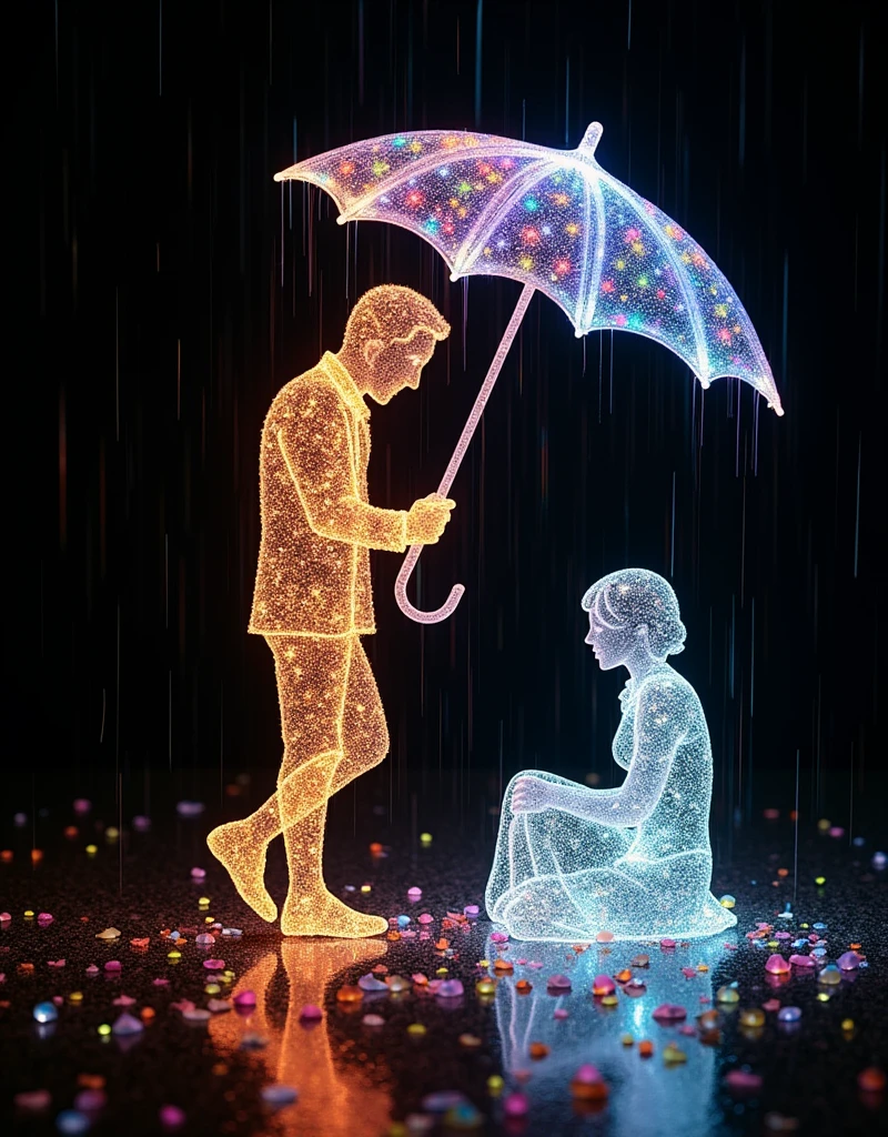 Crystal lighting effect colorful small stome made of The lighting is combined with the human-shaped bunchy layer of fretsaw , and the shape of a kind and tender scene of a man who accidentally brings an umbrella to a girl who is sitting sadly in the rain is intricately created with the thin lines of light.background the gloosy black wall.