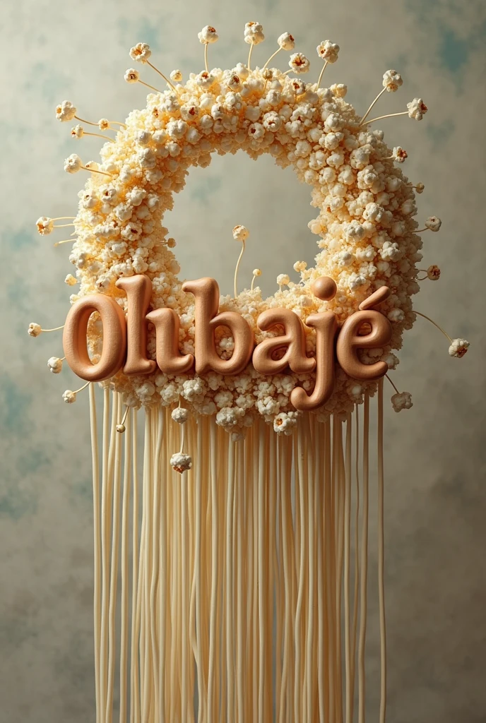 Olubajé phrase with straws hanging and popcorn on the end of the straw and a straw crown on top of the O the name Olubajé in brown color 