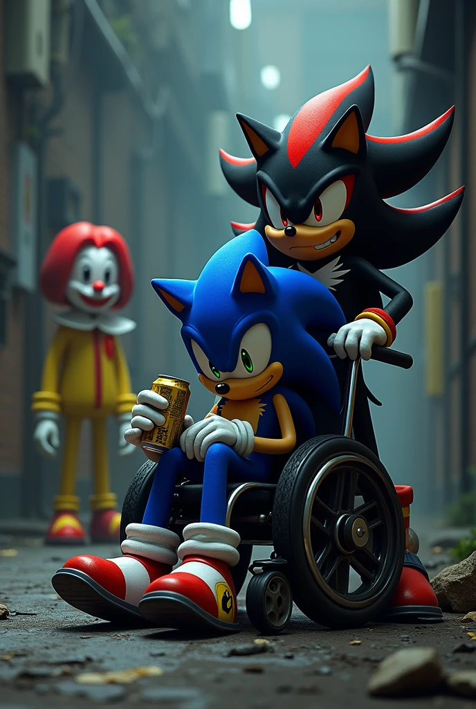 Create sad Sonic drinking beer in a wheelchair, e o shadow o ouriço rindo do Sonic, is Ronald in sad Rubem