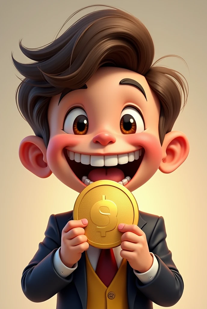 Young Rich boy with money and gold coin in his mouth with big smile big teeth