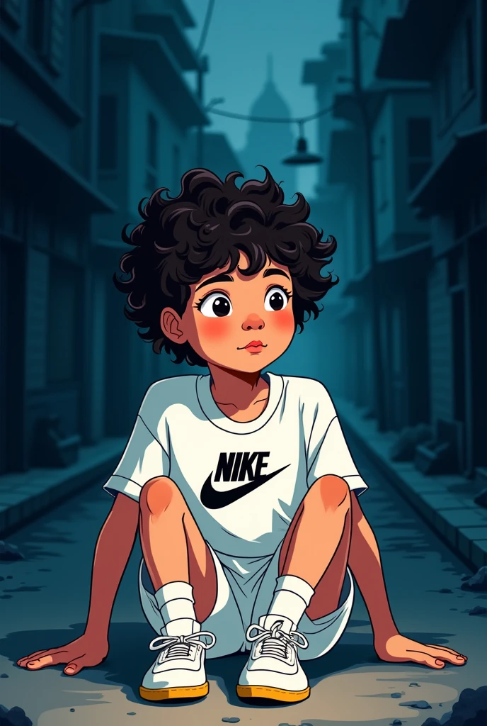 A boy with short curly hair 1,73 altar white Nike clothes dark road background cartoon style sitting on the floor