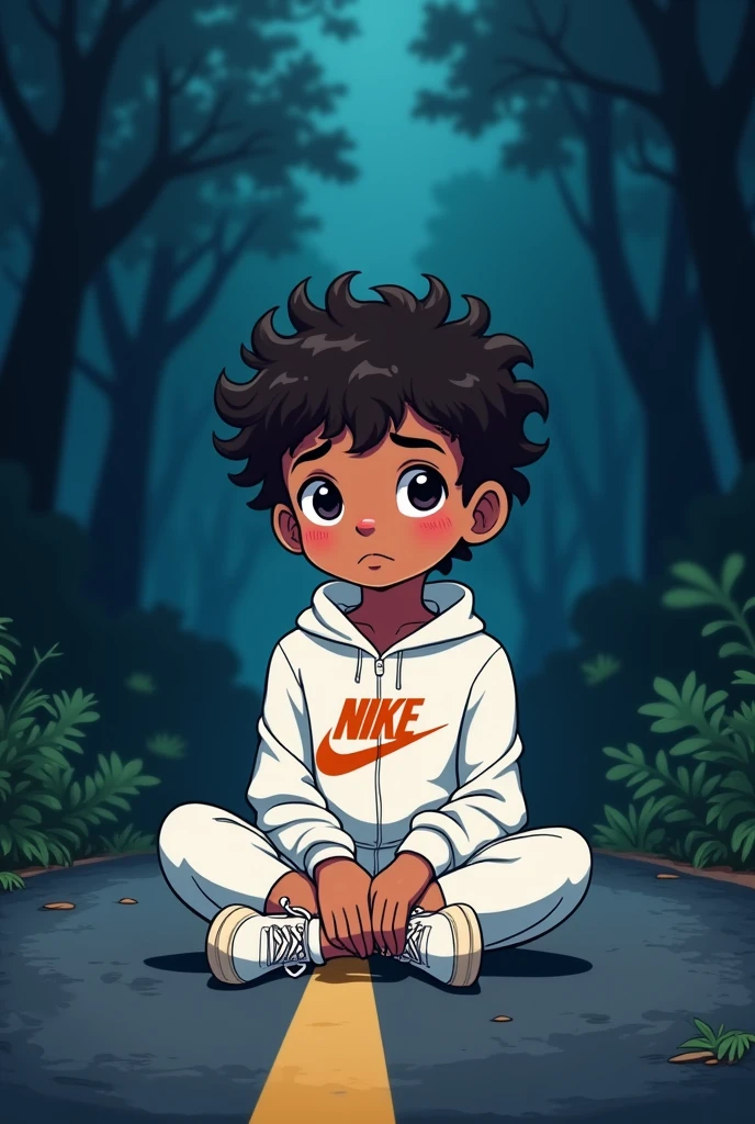 A boy with short curly hair 1,73 altar white Nike clothes dark road background cartoon style sitting on the floor 