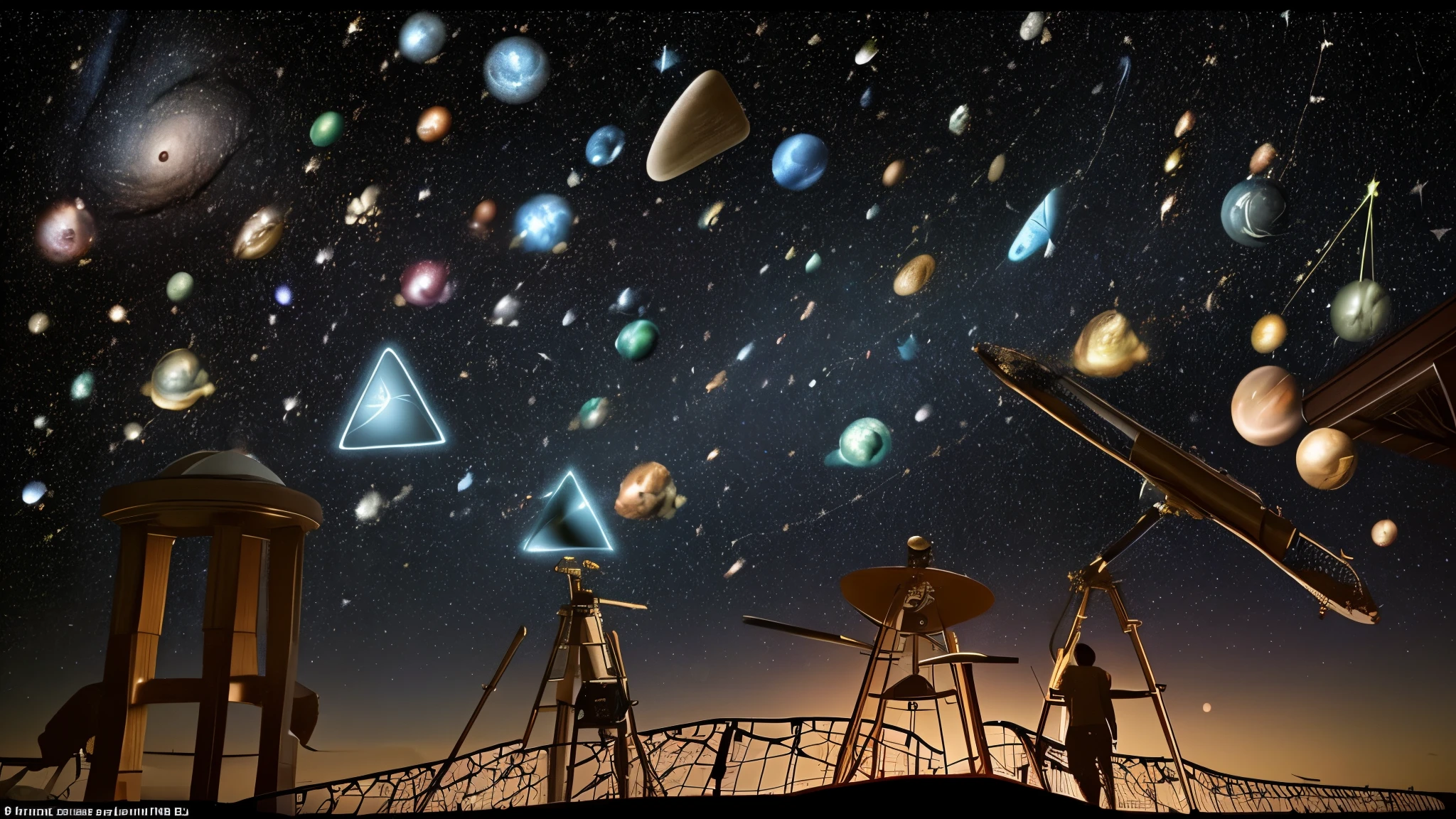 A symbolic representation of (((mathematicians and astronomers))) [Indians and Chinese exchanging ideas], with calculation tablets and star maps all around. The scene should reflect reciprocal influence and intellectual exchange.