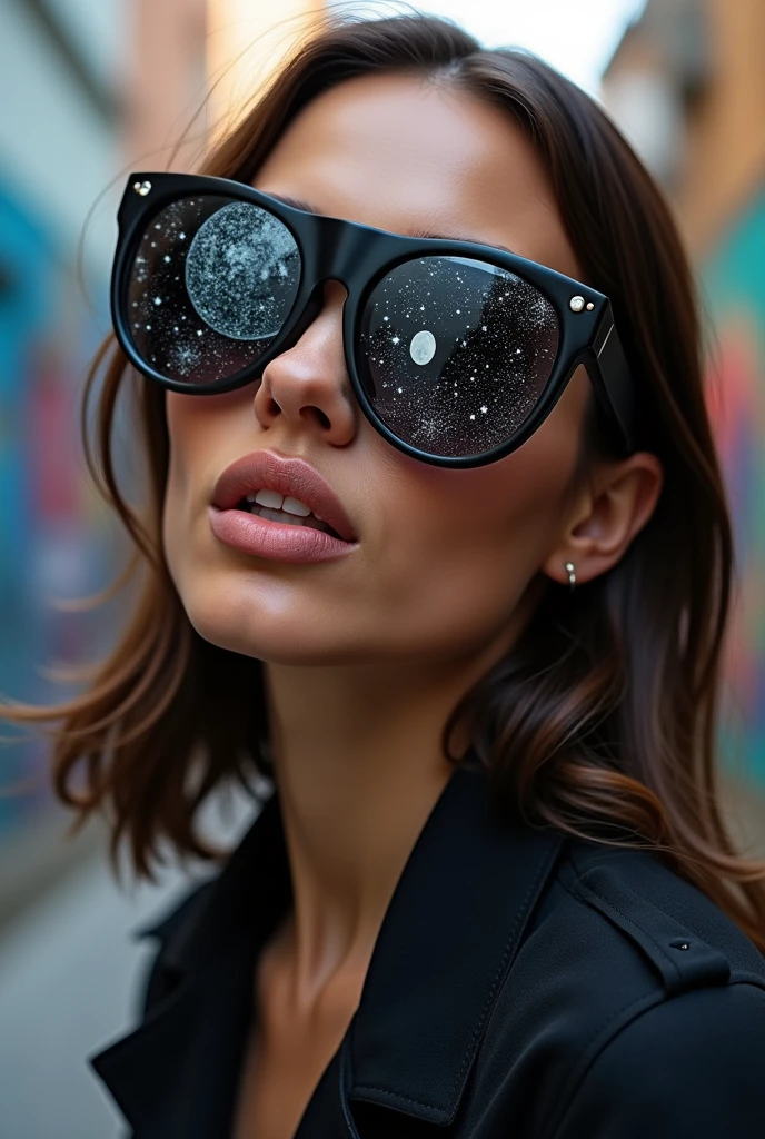 The model is wearing glass sunglasses with stars and the moon on the glass