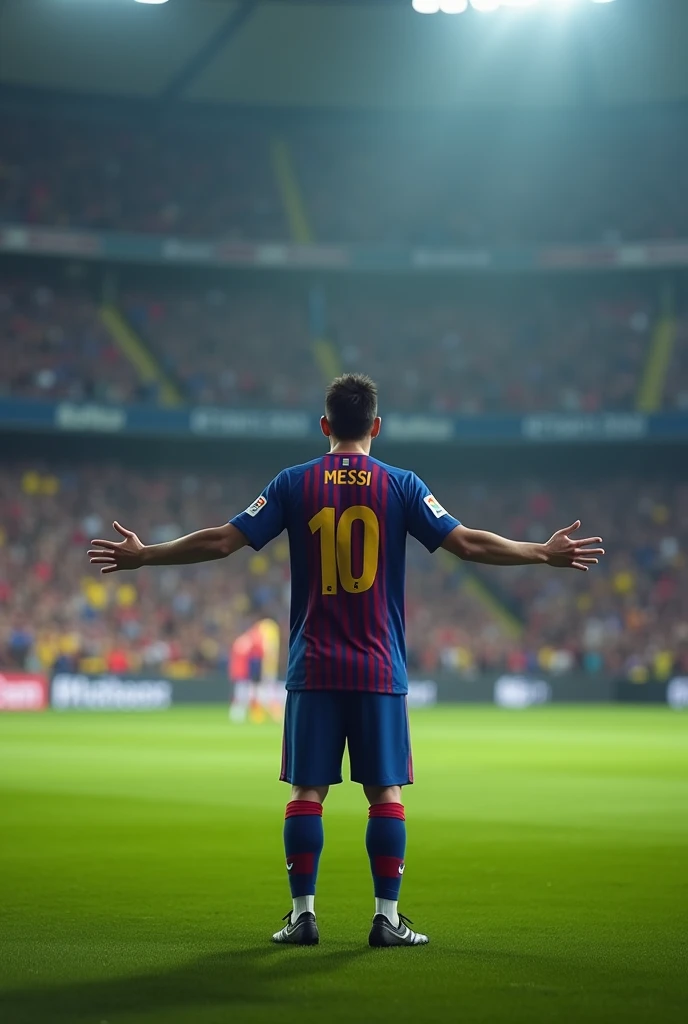 Messi is standing at 90 degrees to the right making a gesture that he is going to introduce a person