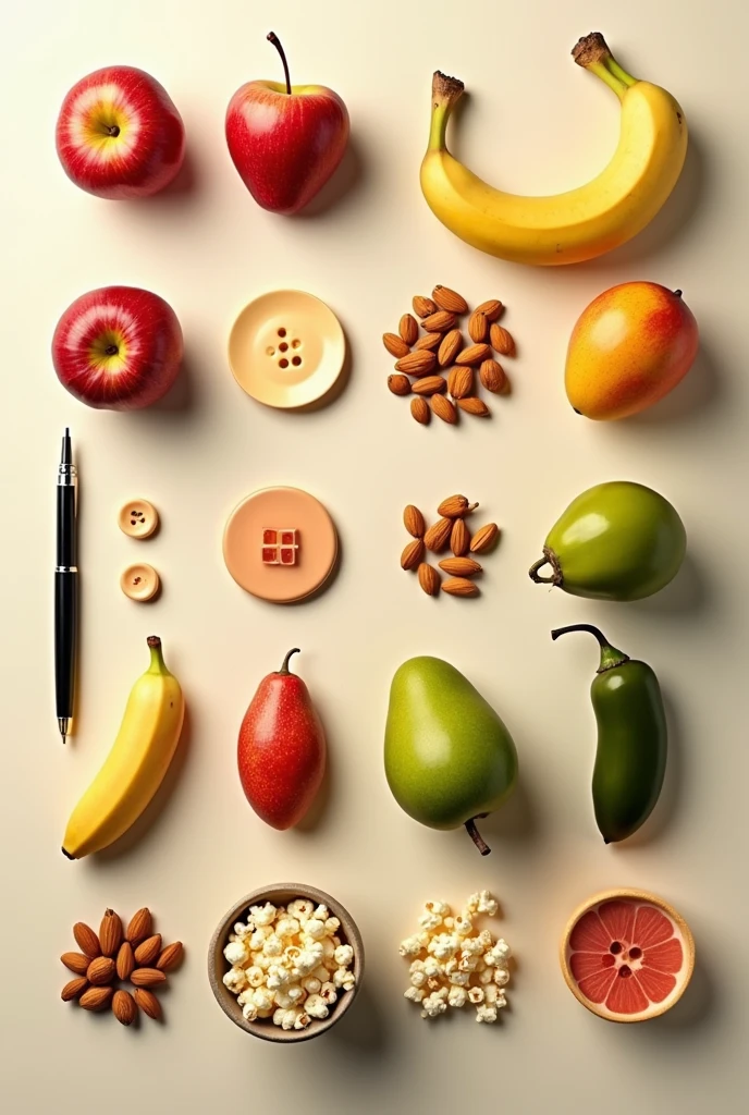 Hey create just like the picture  like 2 pens in one row one line on left side 3 apples in 2nd row 2nd line on right side 4 almonds in 3rd row 3rd line on left side 5 bananas in 4th row in 4th line on right side 6 buttons in 5th row on 5th line on left side 7 guavas in 6th row in 6th line on right side 8 mangoes in 7th row in 7th line on left side  9 popcorns in 8th row in 8th line on right side 10 brinjals in 9th row in 9th line on left side
