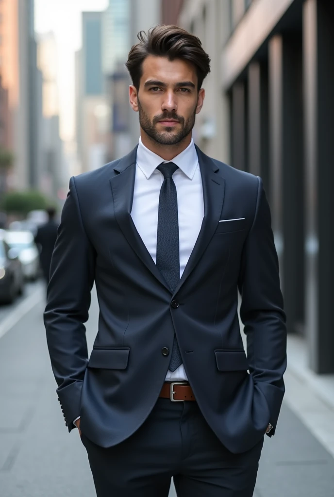 Very handsome man, Japan 29yo hunk alpha man, dark brown hair, Wear a suit, Consultation, Wearing executive clothes on the sidewalk of a big city, realphoto, his body is muscular, tight shirt due to his massive bulging voluminous muscle, bulging massive pecs and nipple perting through his clothes, massive biceps muscle