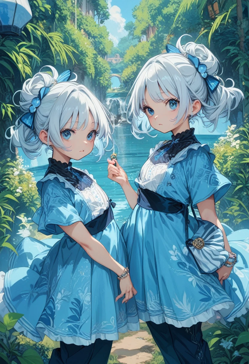 Two little babies. A pair of twins. A blue-eyed boy and a blue-eyed girl. With white hair. Wearing a blue dress and pants.