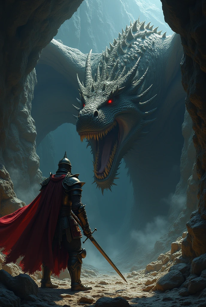 Knight Ivan, Fighting the dragon, In a dark cave, masterpiece:1.2, ultra detailed, realistic:1.37, Sharp Focus, bright colors, hips, Dramatic chiaroscuro, Horror, Kingdom's Delight
