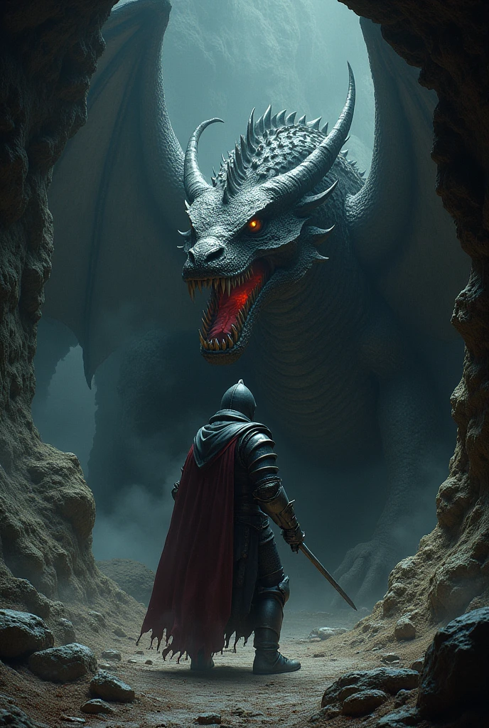 Knight Ivan, Fighting the dragon, In a dark cave, masterpiece:1.2, ultra detailed, realistic:1.37, Sharp Focus, bright colors, hips, Dramatic chiaroscuro, Horror, Kingdom's Delight