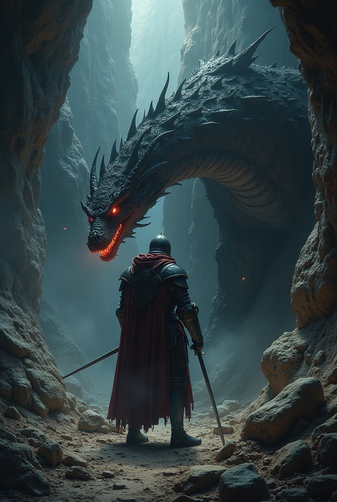 Knight Ivan, Fighting the dragon, In a dark cave, masterpiece:1.2, ultra detailed, realistic:1.37, Sharp Focus, bright colors, hips, Dramatic chiaroscuro, Horror, Kingdom's Delight