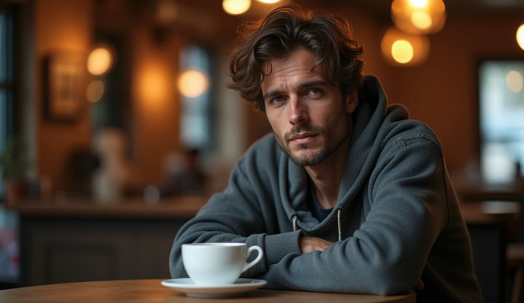 tv_Taylor_Brumann_PB_V1, ,Sitting at a café, tea cup, cozy, wearing a hoodie, epiCRealism, epiCPhoto, epiCRealism , f1.4, 40mm, photorealistic, raw, 8k, textured skin, skin pores, intricate details,