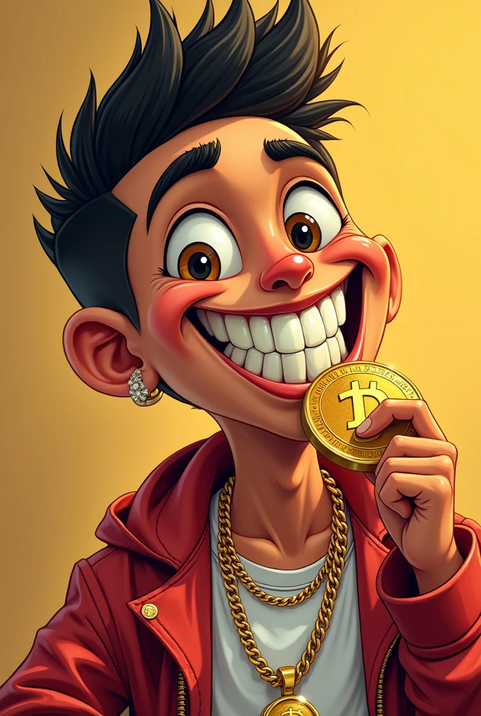 Young Rich boy with money and gold coin in his mouth with big smile big teeth like a rapper
