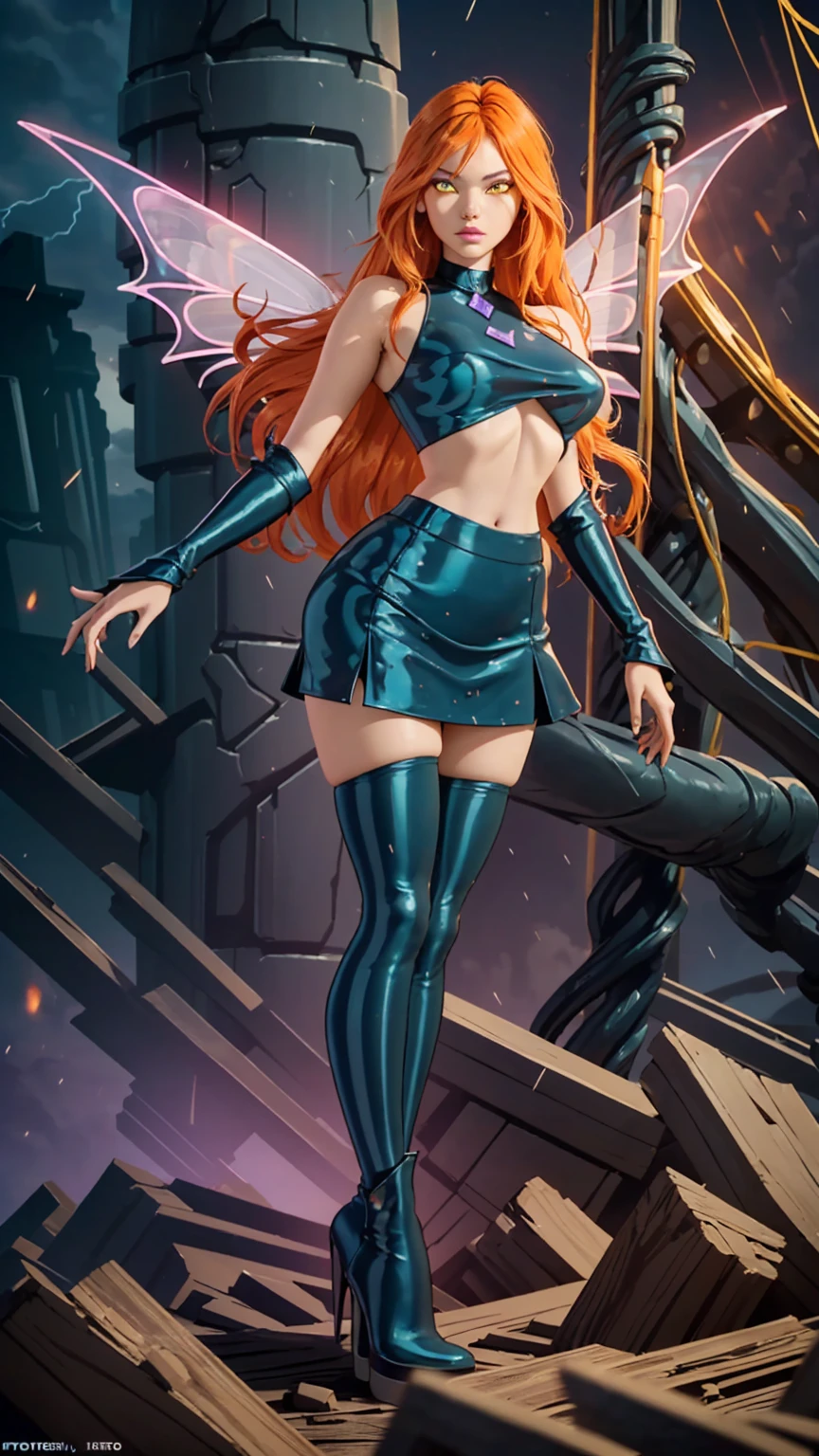 (ultra realistic,32k, masterpiece:1.2),(high detailed skin:1.1),( high quality:1.1),
Dark Bloom,guilt, orange hair, very long hair, yellow eyes, boots, black skirt, gloves, black shirt, wings, sparkling clothing, thighhighs, stormcaster's haven, crackling thunderstorms, seafaring vessels, refuge of storm conjurers, blurry background,, (huge breast,large breast:1.1),fighting stance pose(neon pastel light:1.1),